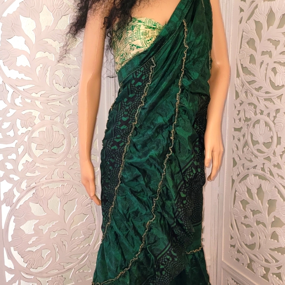Exotic Boho Silk Hunter Green Reversible Wrap Maxi Skirt - Picture 9 of 11
